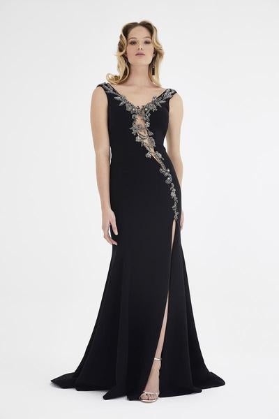Saboroma - 4486 Asymmetrical Appliques Mermaid Dress In Black