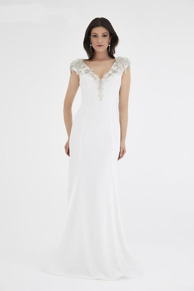 Saboroma - 4473 Beaded Epaulette Cap Sleeve Sheath Gown In White