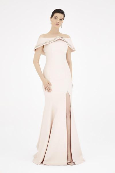 Saboroma - 4480 Embellished Off-Shoulder Trumpet Dress In Pink