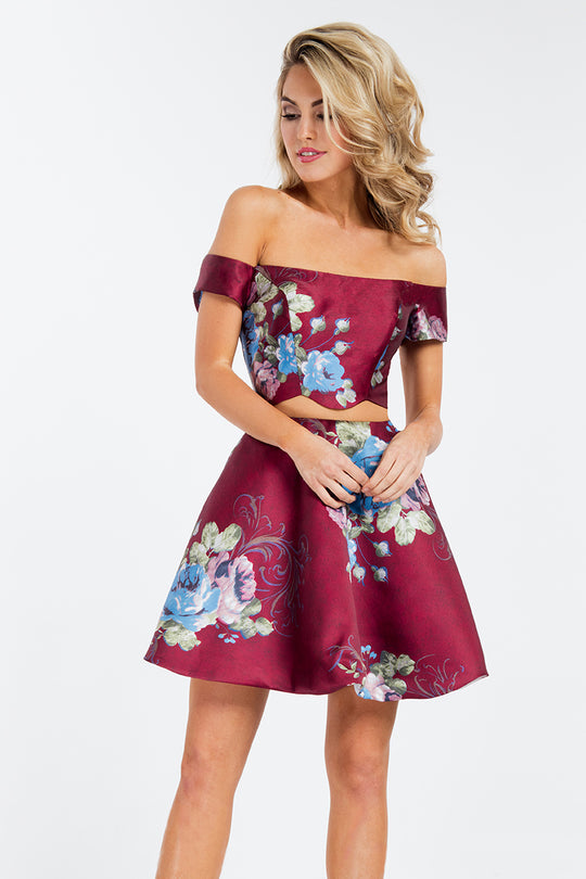 Rachel Allan Short - 4486 Two-Piece Floral Off Shoulder Dress in Red and Floral
