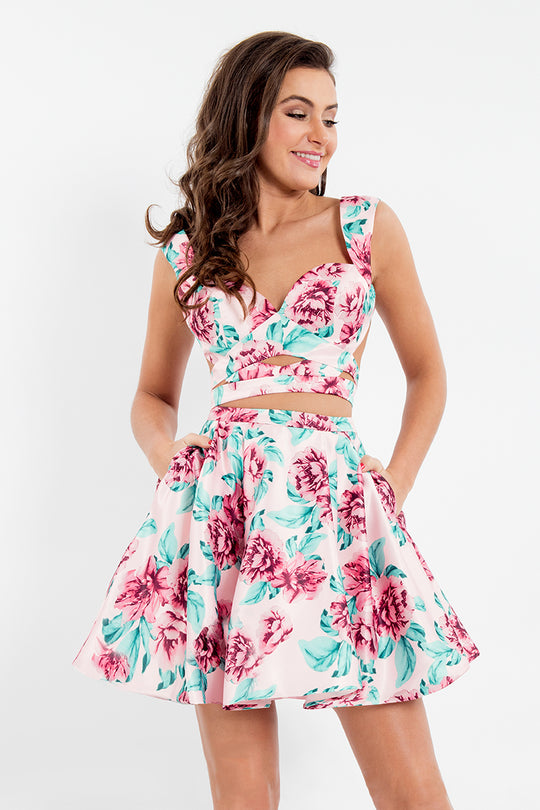 Rachel Allan Short - 4491 Two Piece Floral Print A-line Dress in Pink and Print