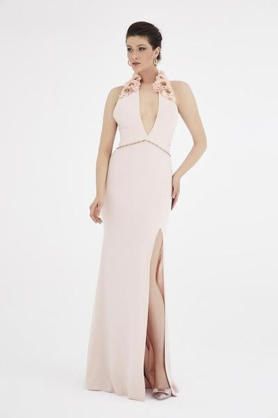 Saboroma - 4506 Floral Applique Deep Halter V-neck Trumpet Dress In Pink