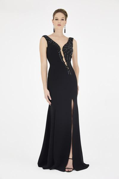 Saboroma - 4491 Embellished Deep V-neck Trumpet Dress In Black