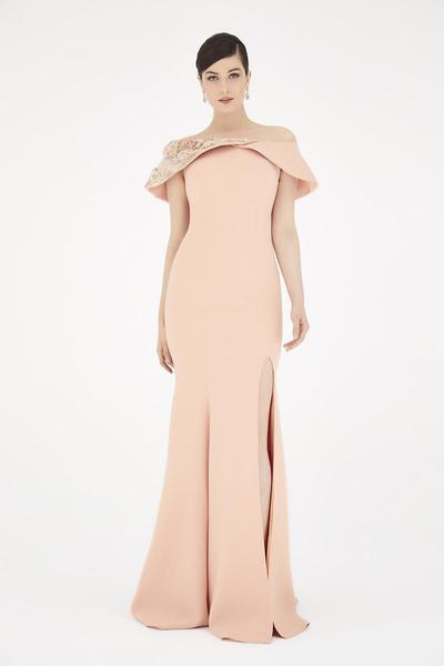 Saboroma - 4492 Beaded Off-Shoulder Mermaid Dress In Nude