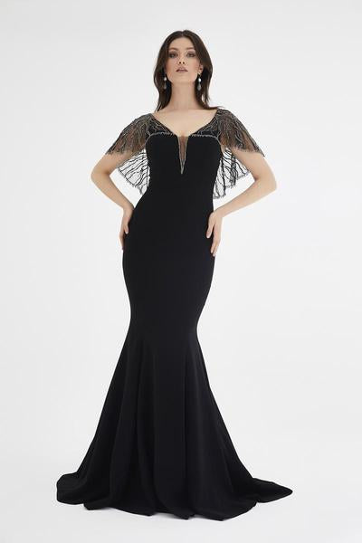 Saboroma - 4502 Beaded Cape Mermaid Evening Gown In Black