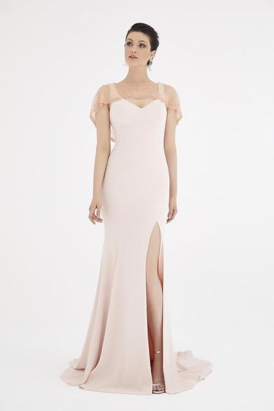 Saboroma - 4501 Embellished Bateau Trumpet Dress In Pink