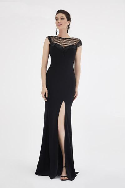 Saboroma - 4497 Fringed Cap Sleeve Sheer Lattice Sheath Gown In Black