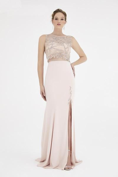 Saboroma - 4498 Two-Piece Beaded Illusion Jewel High Slit Gown In Pink