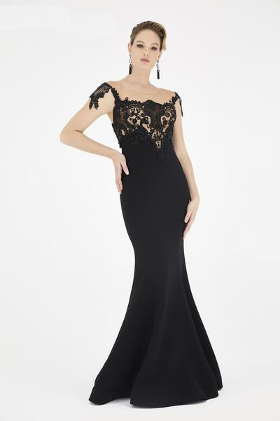 Saboroma - 4499 Cap Sleeve Beaded Lace Illusion Sheath Gown In Black
