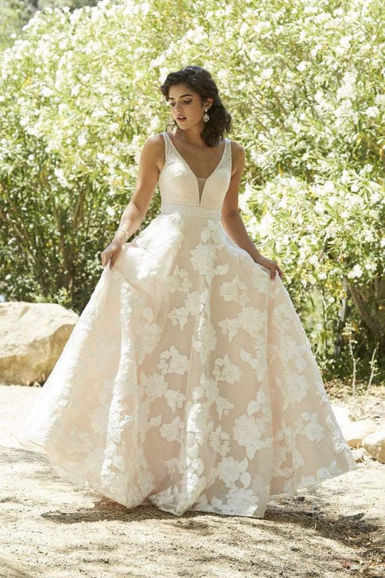 Jolene Collection - 18117 Beaded Lace Plunging V-neck A-line Dress In White and Neutral