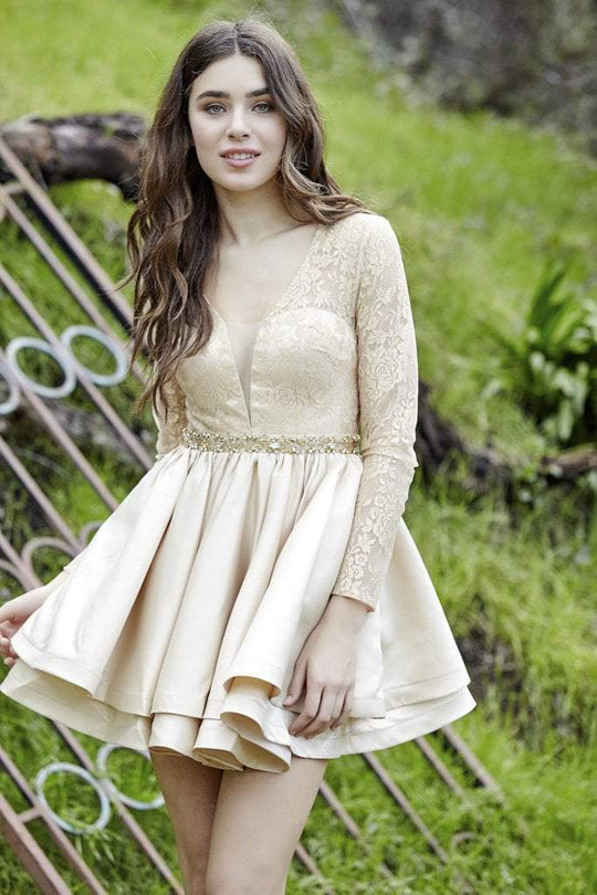 Jolene Collection - 17563 Lace Deep V-neck A-line Dress In Neutral