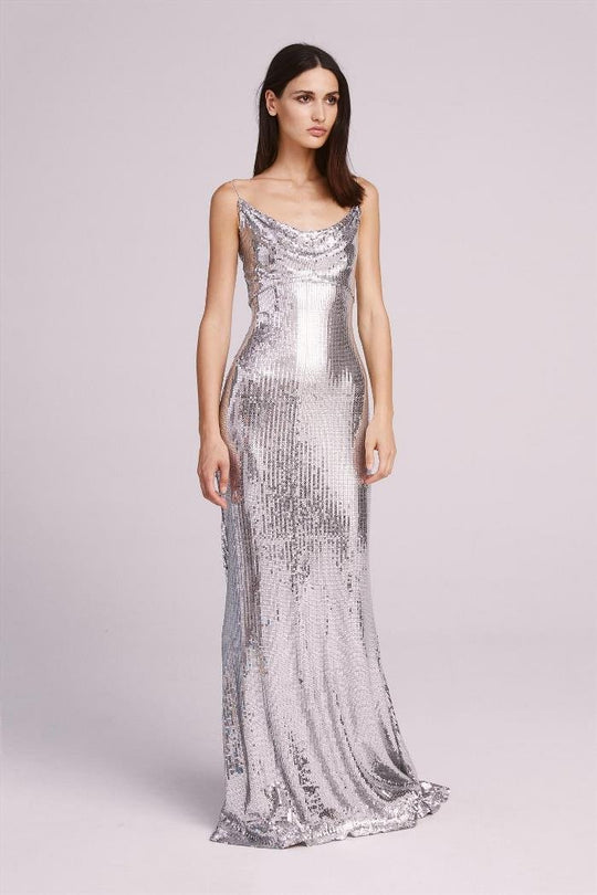 Tadashi Shoji - Cowl Neckline Shiny Long Gown In Silver
