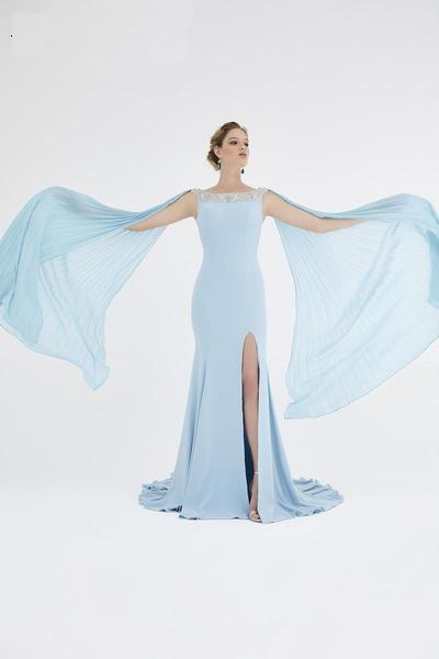 Saboroma - 4500 Pleated Cap Sleeve High Slit Gown In Blue