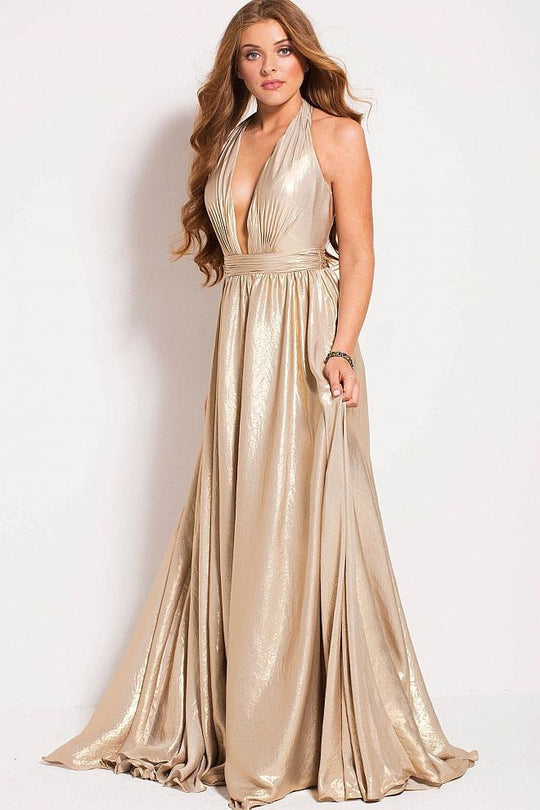 45030 Plunging Halter Ruched Evening Gown