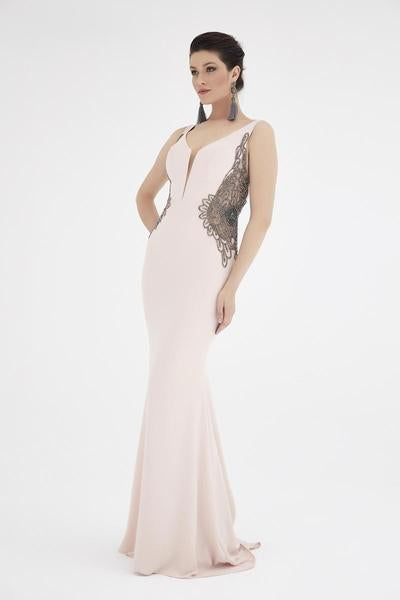 Saboroma - 4503 Beaded Illusion Paneled Plunging Gown In Pink