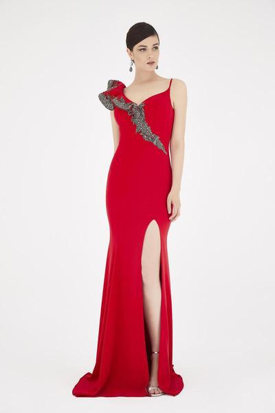 Saboroma - 4504 Asymmetrical Beaded Ruffle Long Gown In Red