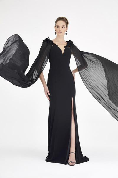 Saboroma - 4505 Applique Trumpet Dress With Side Draping In Black