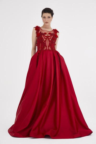 Saboroma - 4507 Feathered Appliqued Illusion Ballgown In Red