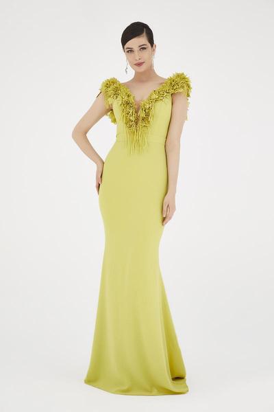 Saboroma - 4510 Applique Deep V-neck Trumpet Dress In Green