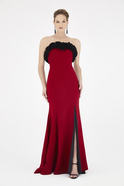 Saboroma - 4512 Floral Applique Strapless Trumpet Dress In Red