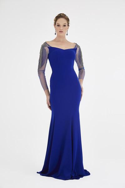 Saboroma - 4513 Garland Adorned Sheer Long Sleeve Gown In Blue
