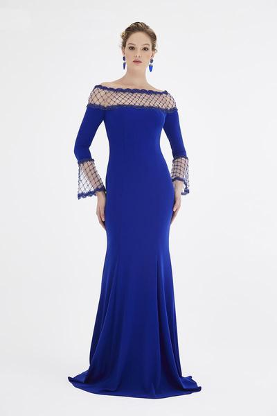 Saboroma - 4514 Embellished Off-Shoulder Trumpet Dress In Blue