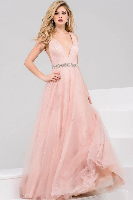 Bead Embellished V-Neck Tulle Ball Gown 45160