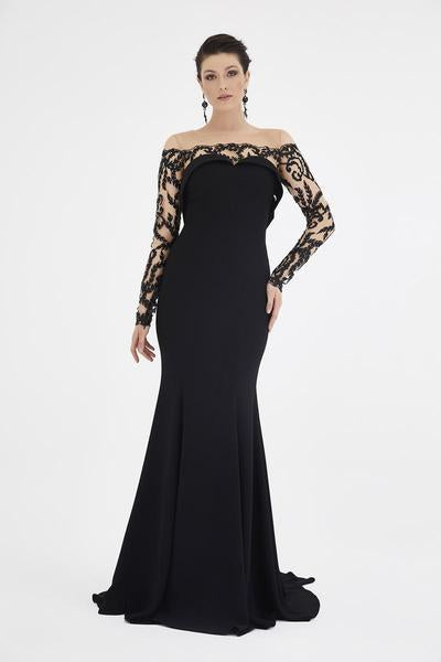 Saboroma - 4516 Applique Illusion Bateau Trumpet Dress In Black