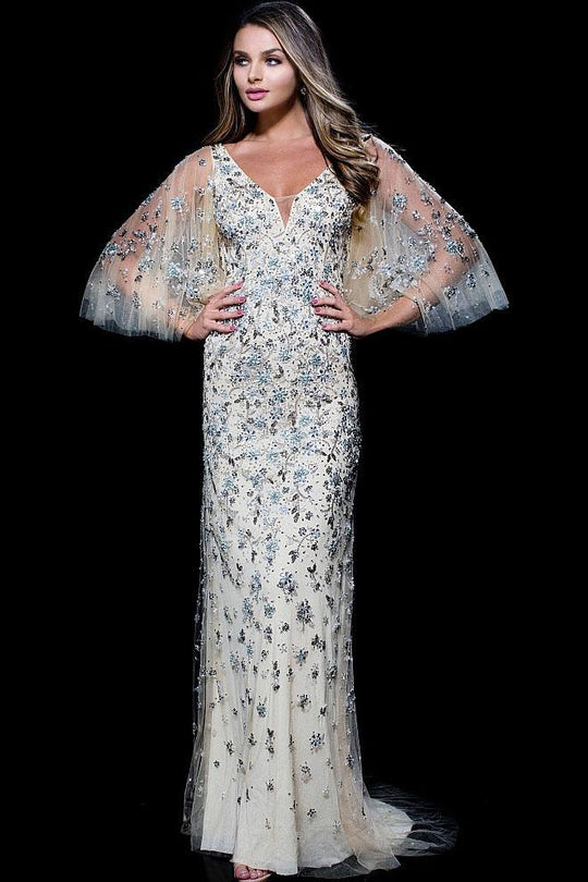 45241 Deep V-neck Beaded Tulle Sheath Dress