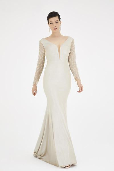 Saboroma - 4524 Embellished Long Sleeve Trumpet Dress In Neutral