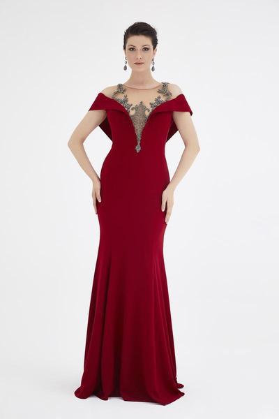 Saboroma - 4525 Draped Foldover Beaded Illusion Gown In Red