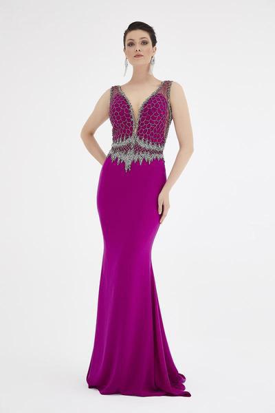 Saboroma - 4526 Beaded Illusion Plunge Long Sheath Gown In Pink