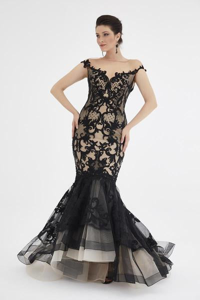 Saboroma - 4528 Lace Applique Mermaid Dress With Train In Black and Pink
