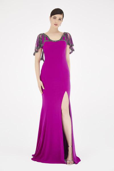 Saboroma - 4537 Bead Embellished Gown with Slit In Pink