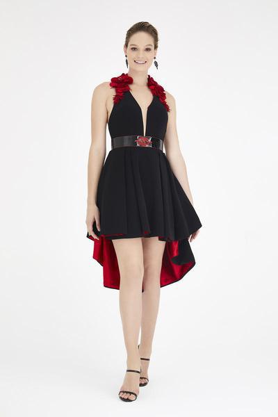 Saboroma - 4531 Floral Applique Deep Halter V-neck A-line Dress In Black and Red