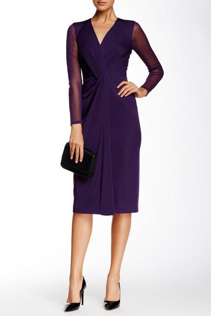 Anne Klein  - 10585482 V Neck Twisted Knee Length Dress in Purple