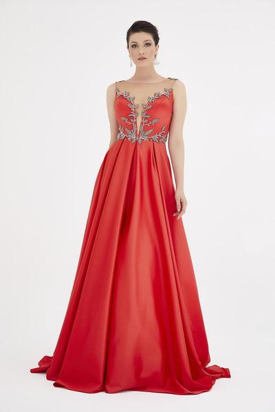 Saboroma - 4539 Embellished Illusion Bateau Pleated Ballgown In Orange