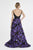 Saboroma - 4541 Plunging Bodice Contrast Print A-Line Gown In Black and Purple