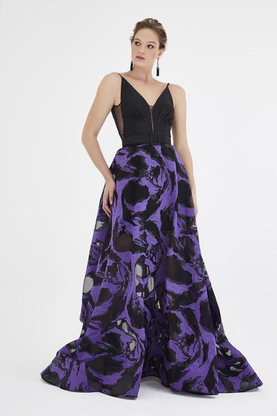 Saboroma - 4541 Plunging Bodice Contrast Print A-Line Gown In Black and Purple