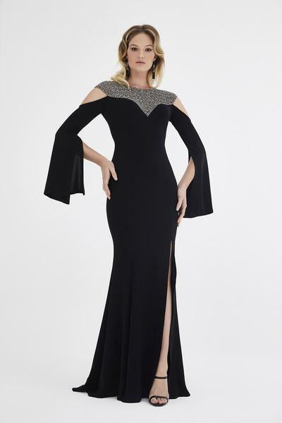 Saboroma - 4543 Split Sleeve Cutout Shoulder High Slit Gown In Black