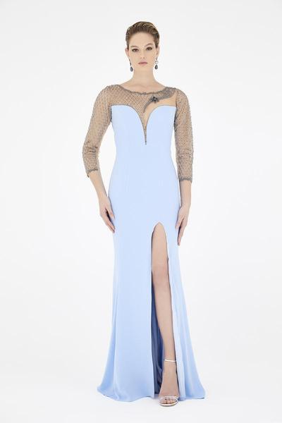 Saboroma - 4542 Embellished Long Sleeve Trumpet Dress In Blue