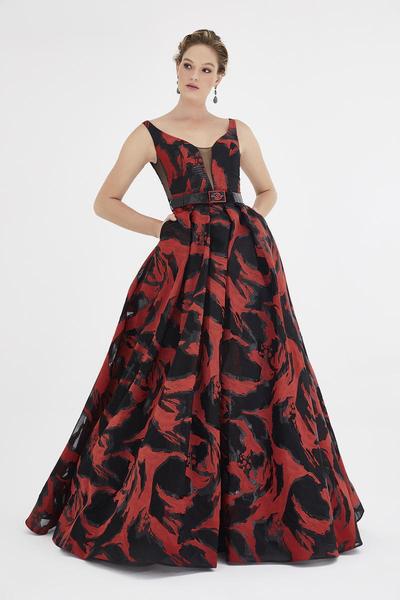 Saboroma - 4552 Sleeveless Deep V-neck Pleated Ballgown In Red