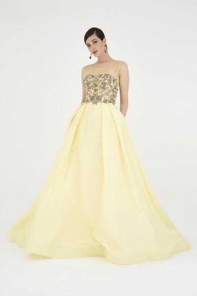 Saboroma - 4546 Vine Appliqued Corset Ballgown In Yellow