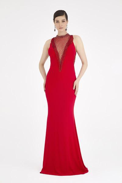 Saboroma - 4548 Fringe High Neck Trumpet Dress In Red