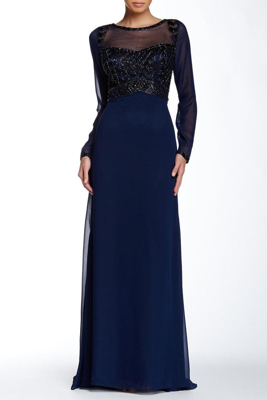 Sue Wong - Beaded Illusion Bateau A-Line Dress N5310 in Blue