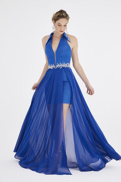 Saboroma - 4549 Applique Deep Halter V-neck A-line Dress In Blue