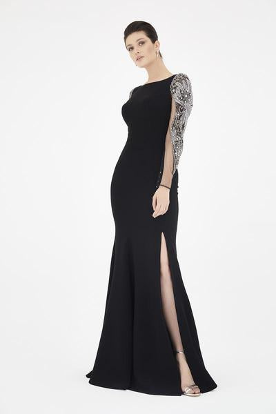 Saboroma - 4551 Beaded Long Sleeves Mermaid Dress In Black