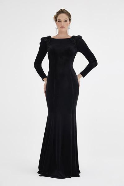 Saboroma - 4554 Embellished Bateau Trumpet Dress In Black