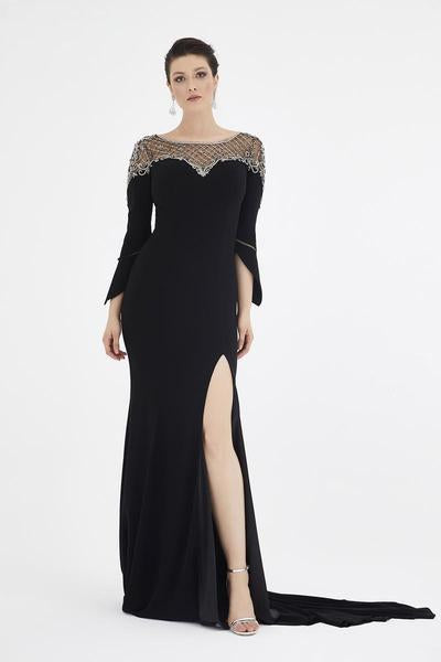 Saboroma - 4553 Asymmetrical Cuffed Beaded Illusion Bateau Gown In Black