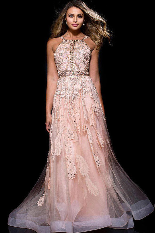 45558 Embroidered Square Tulle Evening Dress